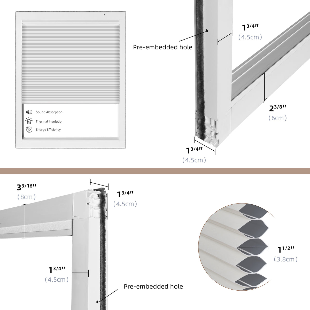 Front and angled close-up of a white Cellular Shade window system with frame measurements, honeycomb cells, and pre-embedded mounting hole.