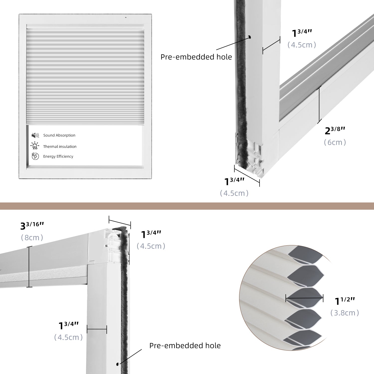 Front and angled close-up of a white Cellular Shade window system with frame measurements, honeycomb cells, and pre-embedded mounting hole.